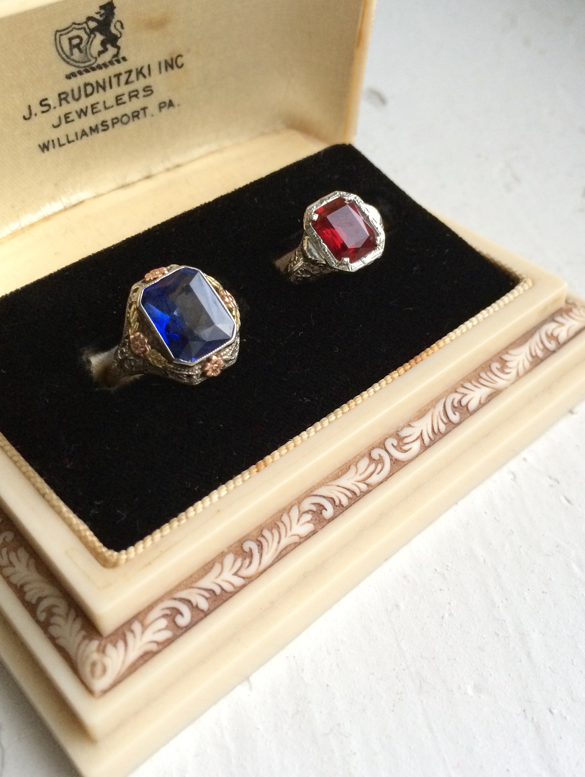 (Left) The first filigree ring in my personal collection with my favorite gemstone, a sapphire! (Right) The special filigree setting my significant other purchased for me. We found a perfect ruby for it!