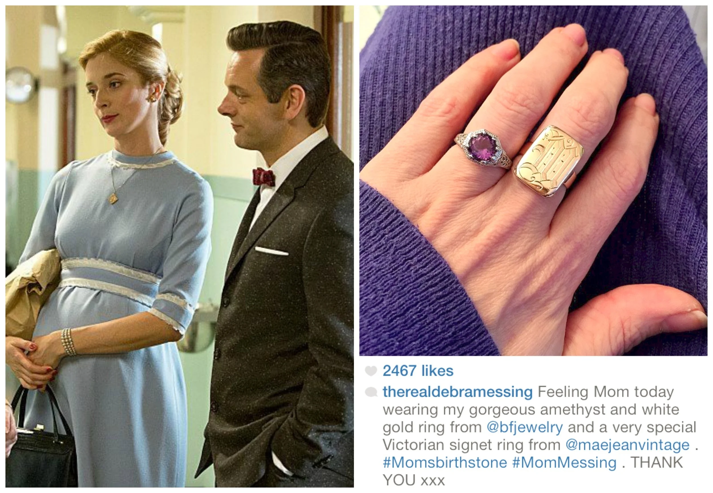 (Left photo) Actress Caitlin FitzGerald as Libby from the Showtime series Masters of Sex wearing an antique locket from MJV. (Right photo) Actress Debra Messing famous from her roles in Will and Grace, Mysteries of Laura, and so forth, wearing a Victorian signet ring from our shop. 