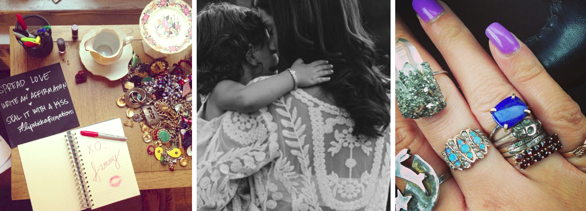 (First photo) Taken by Sammy D founder of Lipstick Affirmations (Center) Gorgeous mother with her adorable daughter wearing a MJV 1940s gold filled heart expansion bracelet, (Right) Customer who owns a very impressive collection of rings wearing an antique opal ring from our shop.