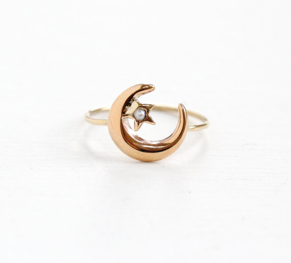 Dainty Victorian Antique Rose Gold Crescent Moon & Seed Pearl Star Stick Pin Conversion Ring . Seed pearls epitomized innocence, purity, humility & harmony. 