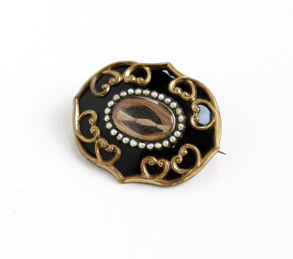 Sweet & Rare Antique Black Enamel Seed Pearl Hair Brooch Dating From Mid 1800's.