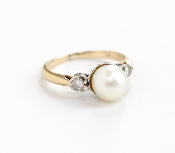  Vintage Yellow White Gold Diamond & Pearl Ring