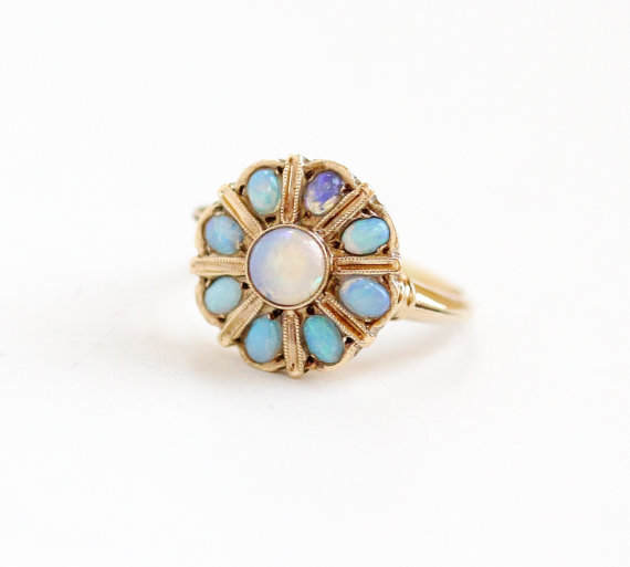  Antique Yellow Gold Blue Opal Cluster Ring