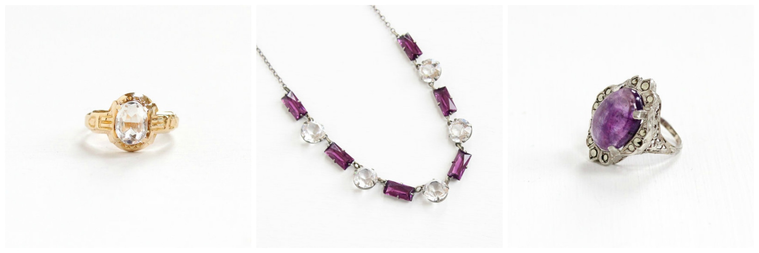 Simulated White Topaz Ring , Simulated Amethyst White Topaz Necklace , Genuine Amethyst Ring