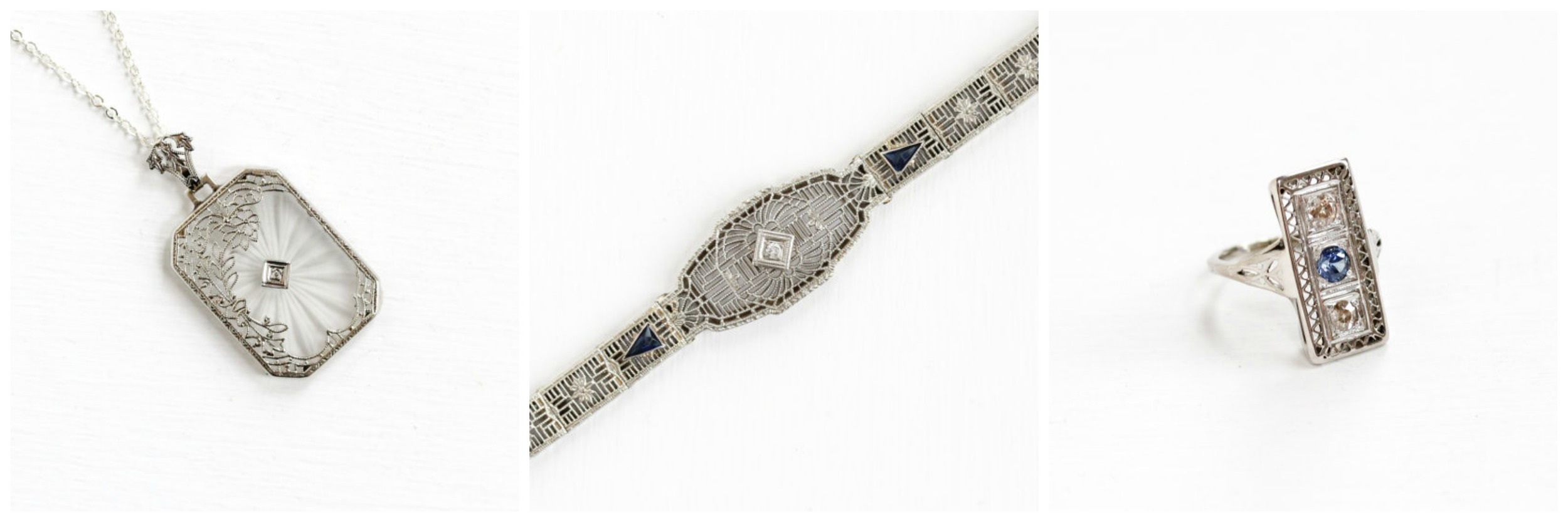 Antique Diamond Camphor Necklace , Antique Diamond Simulated Sapphire Bracelet , Antique Sapphire Diamond Ring