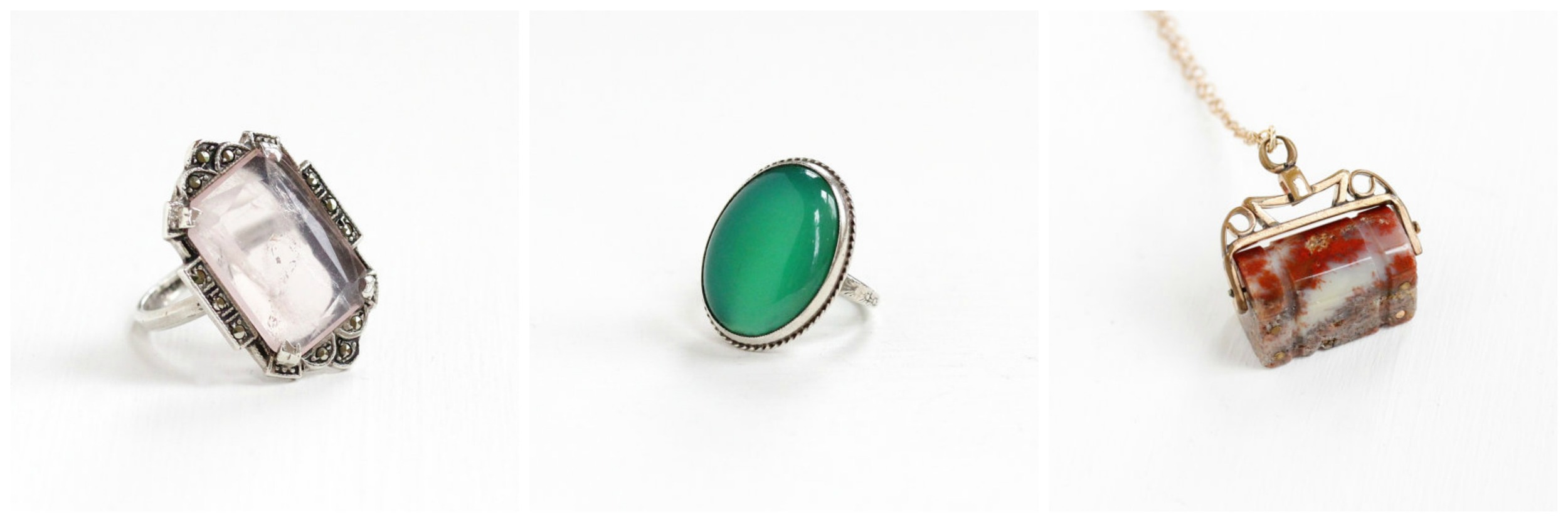  Vintage Rose Quartz Ring , Vintage Chrysoprase Ring , Antique Agate Spinner Fob