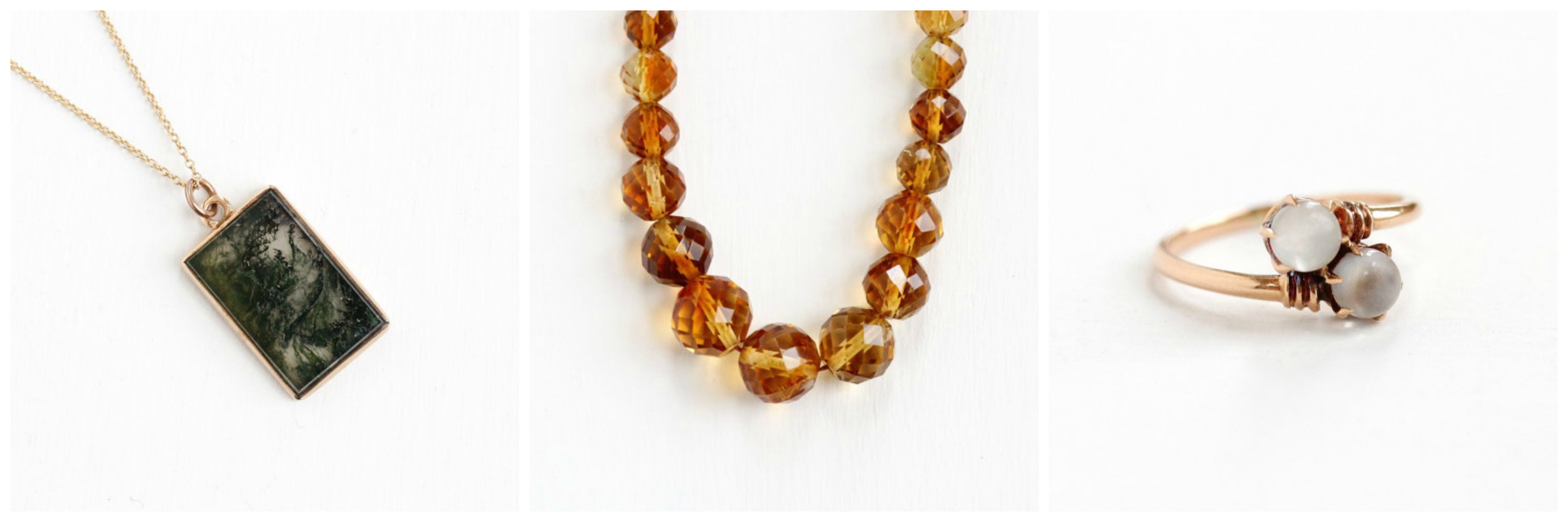  Antique Moss Agate Necklace , Vintage Citrine Necklace , Antique Moonstone Ring