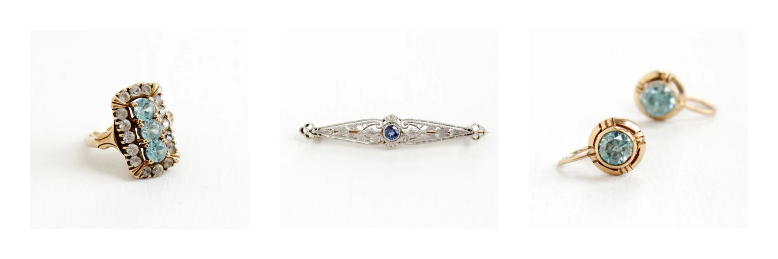  Vintage Genuine Zircon Ring , Antique Genuine Sapphire Pin , Vintage Zircon Earrings