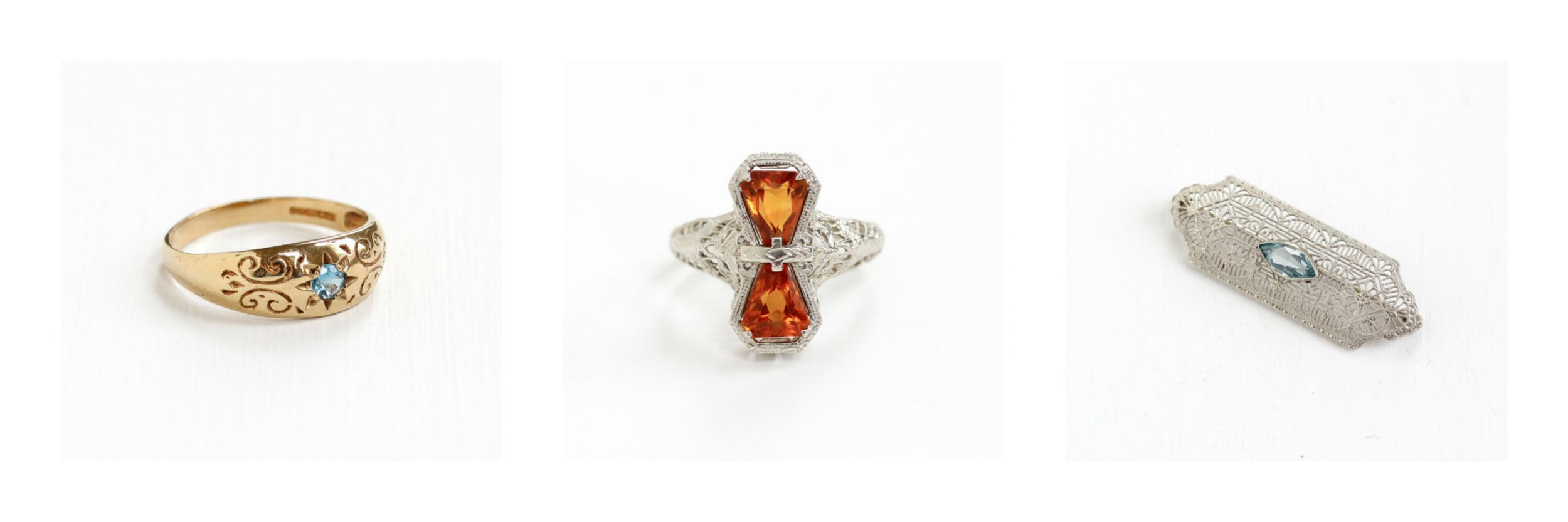  Vintage Blue Topaz Ring , Antique Citrine Ring , Antique Blue Topaz Pin