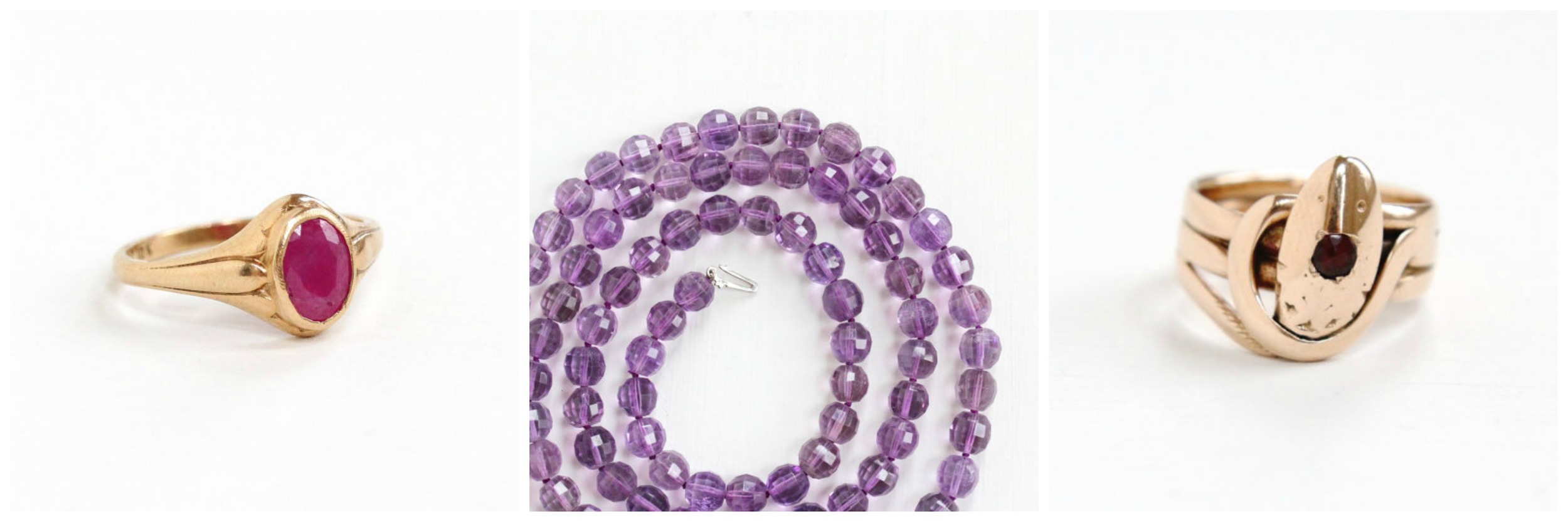  Vintage Genuine Ruby Ring , Vintage Amethyst Bead Necklace , Antique Snake Ring