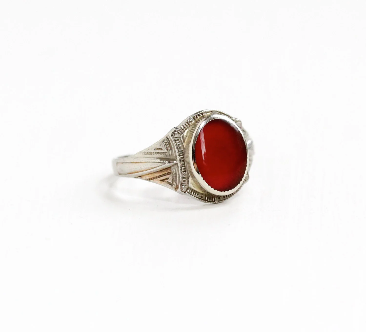 Vintage 10k White Gold Filigree Carnelian Ring, see it here 