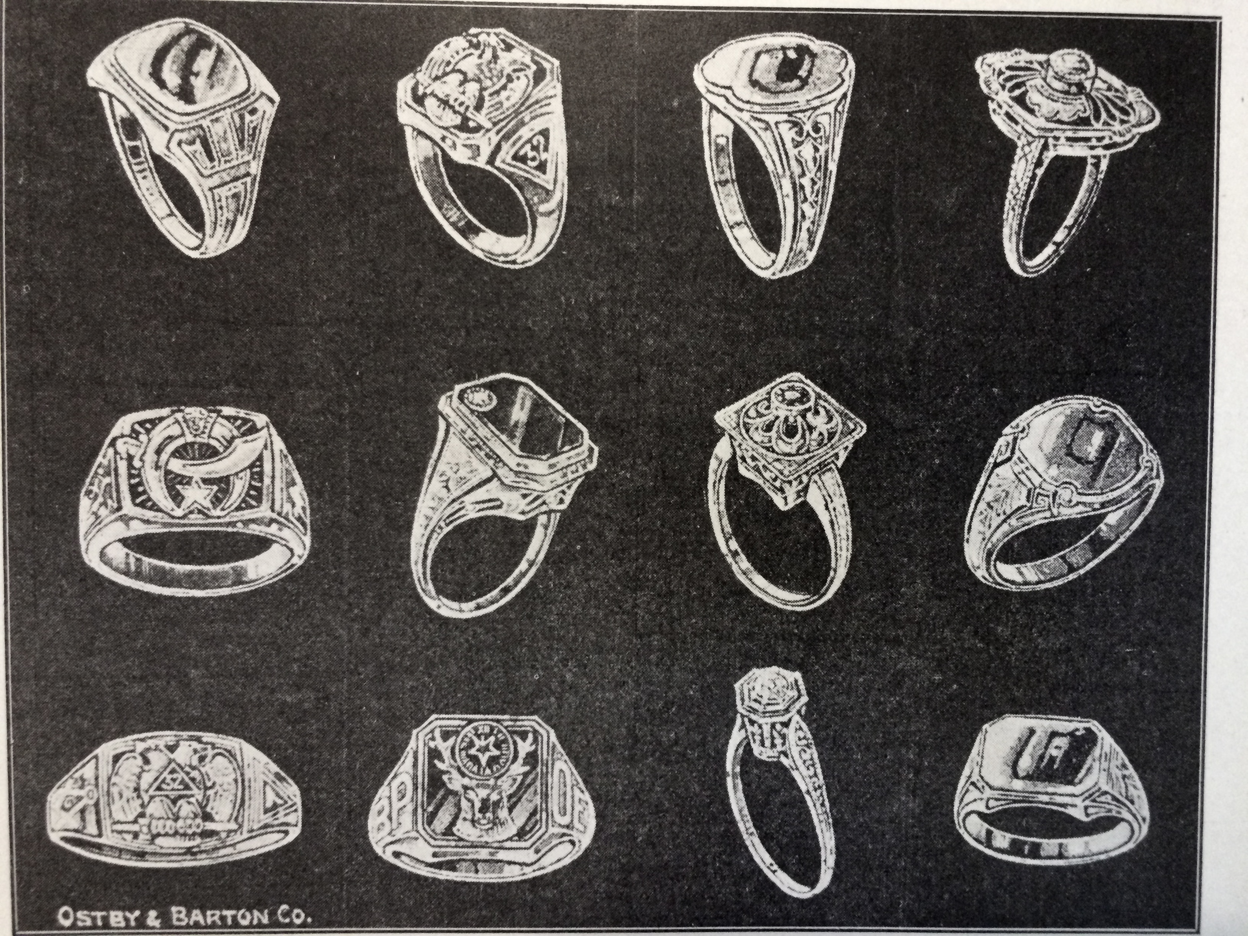 1921 ad featuring 12 Ostby & Barton Co. rings.