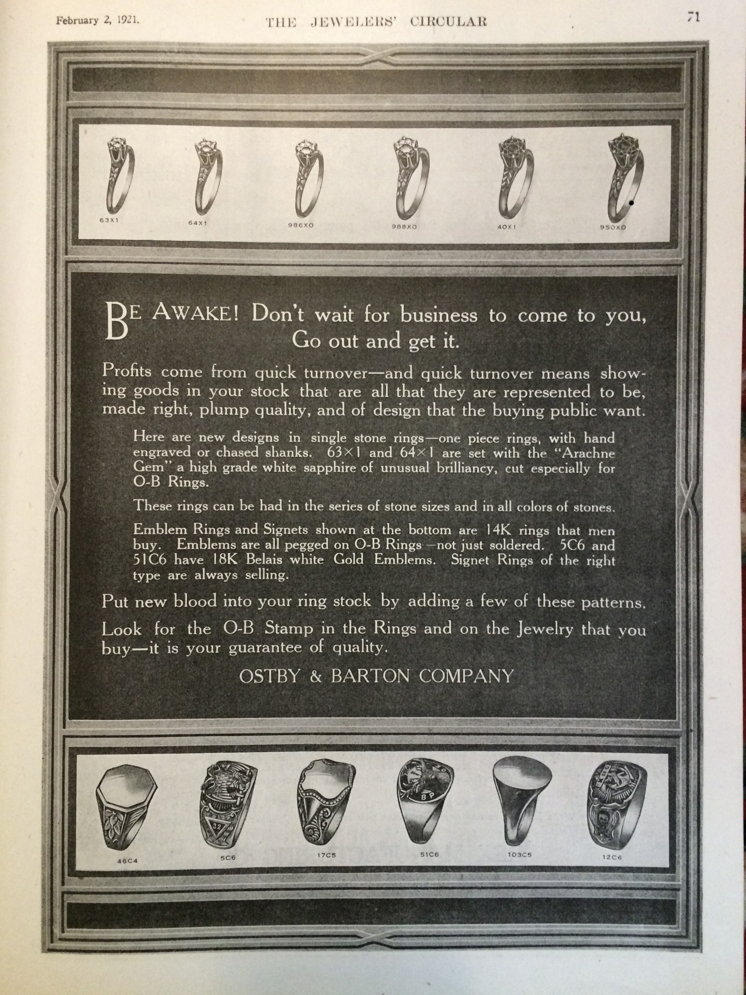 "Be Awake! Don't wait for business to come to you, go out and get it." - 1921 Ostby & Barton Company Ad for jewelers.