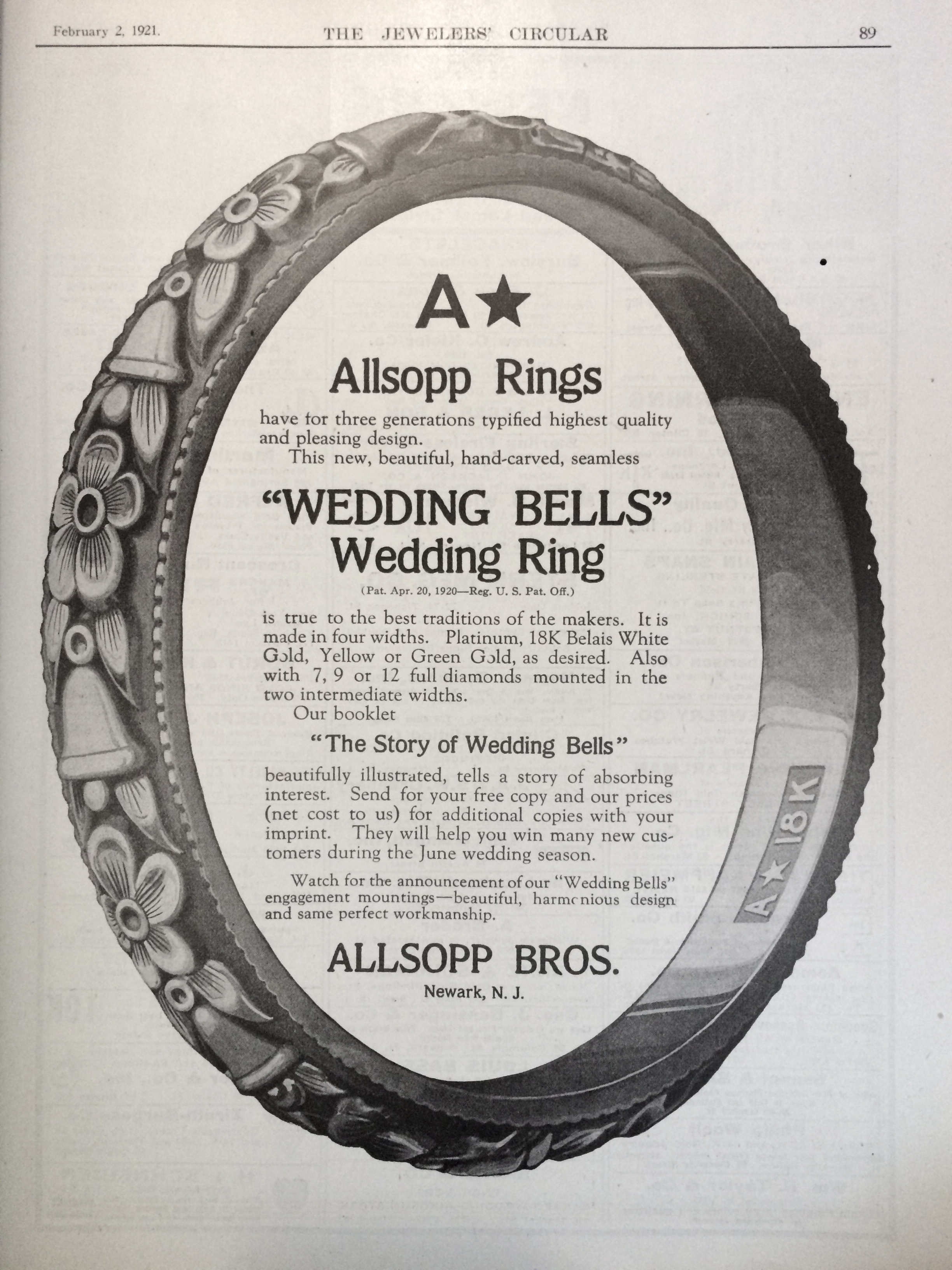 "Allsop rings have for three generations typified highest quality and pleasing design". Allsop Bros advertisement from 1921, Jeweler's Circular.