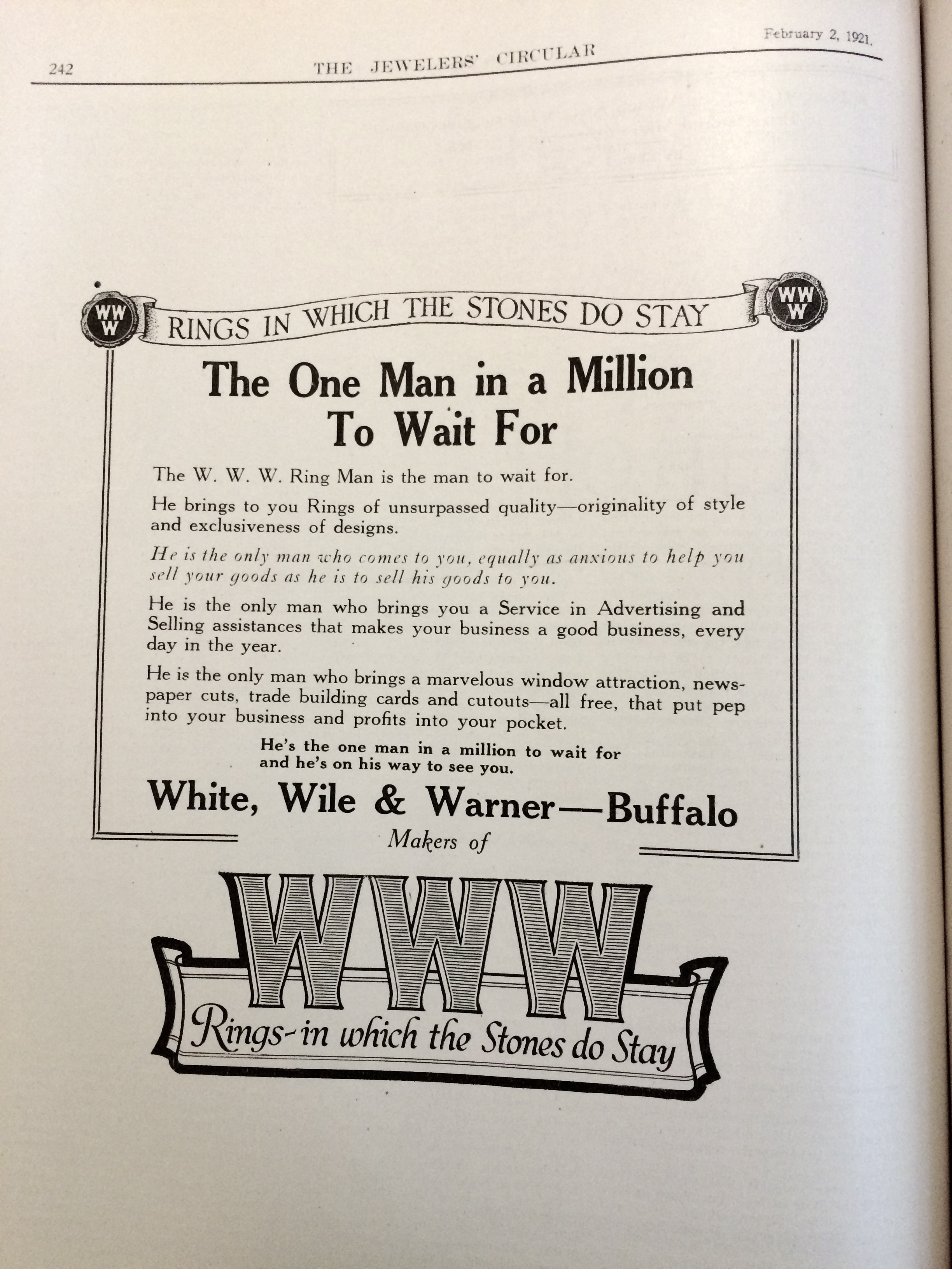 "The W.W.W. Ring Man is the man to wait for". White, Wile, & Warner 1921 advertisement.