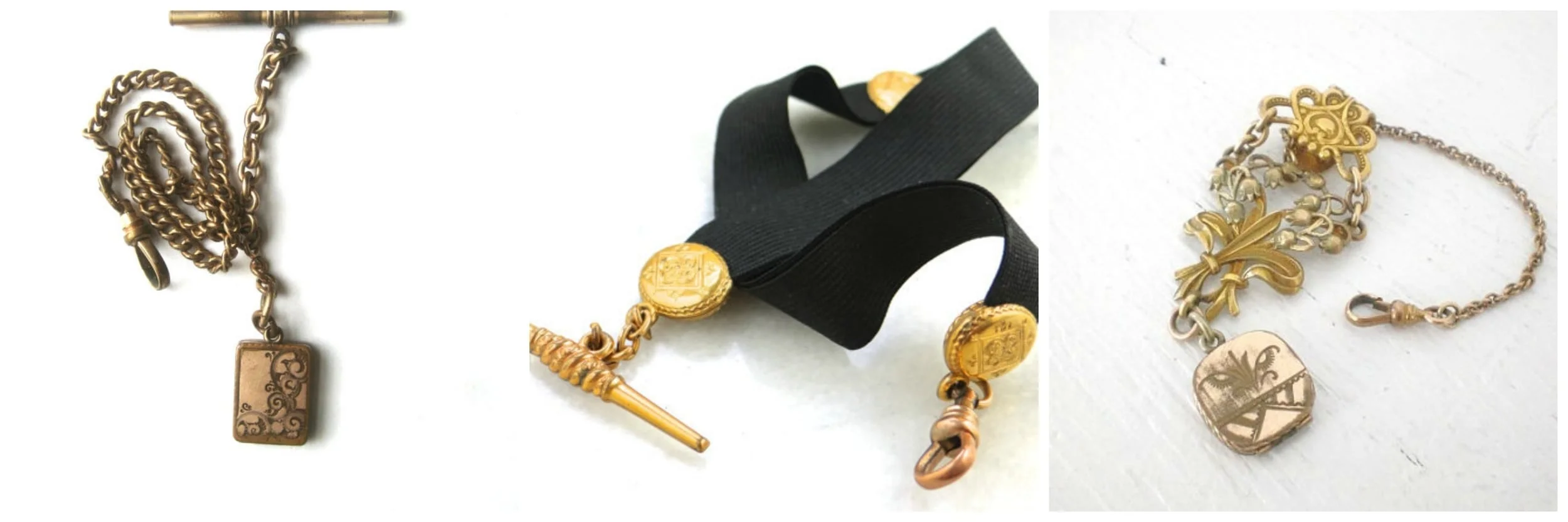 Antique Locket Pocket Watch Chain via BetterWythAge - Victorian Mourning Ribbon Pocket Watch via MSJewelers - Vintage Watch Chain Fob via GallivantsVintage
