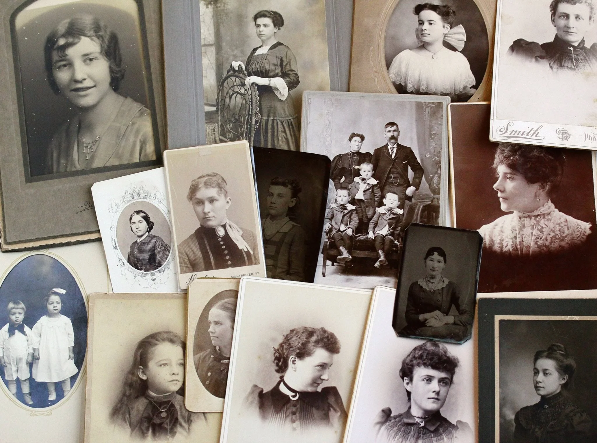 Group shot of just some of the beautiful, unusual and interesting people from different eras in Maejean Vintage's personal photograph collection! All of which are wearing jewelry, just like the ones you can easily access on Etsy today! These are all lovingly preserved and displayed in our antique curio cabinet at Maejean Vintage headquarters.