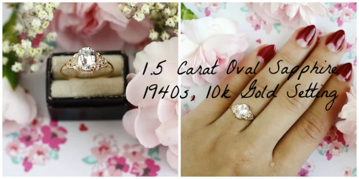 --> Our 1.5 carat oval white sapphire ring, in a 1940s 10k gold setting