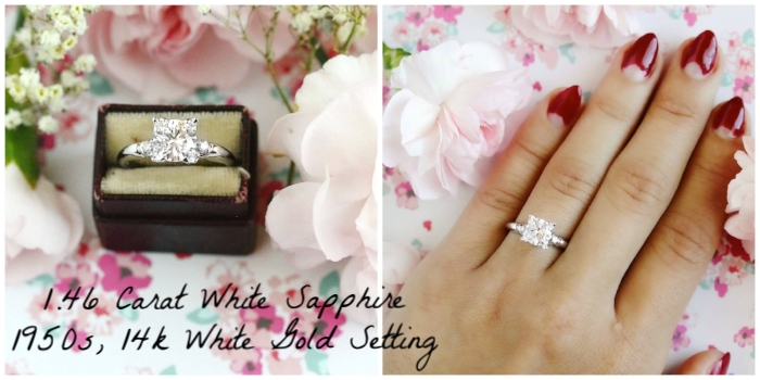 --> Our 1.46 carat white sapphire ring, in a 1950s 14k white gold setting with diamond accents