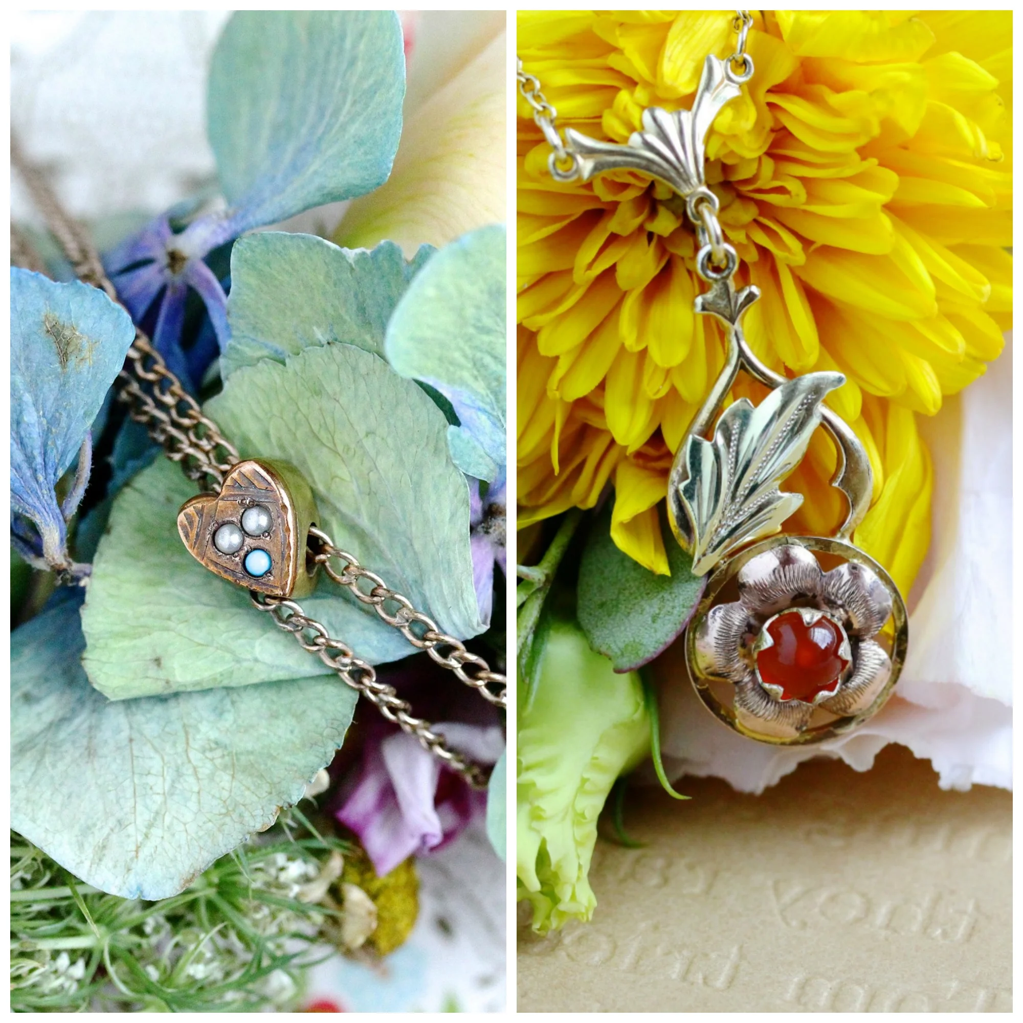 Necklaces worn by Dahlia Jean and Laura Mae Left: Antique Victorian Gold Filled Heart Shaped Turquoise & Seed Pearl Slide Charm Necklace Right: Vintage Yellow , Rose & Green 12k Gold Filled Carnelian Pendant Necklace
