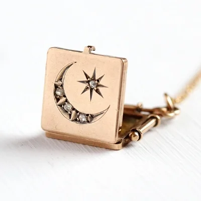 Star & Moon Locket - 10k Solid Gold Antique Rose Cut Diamond Necklace -- $ 695 -- available on our Etsy