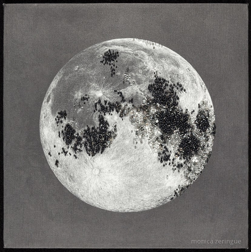 The Moon Now Rises to Her Absolute Rule 2013, graphite and hand-sewn beads on primed linen, 12" x 12" 