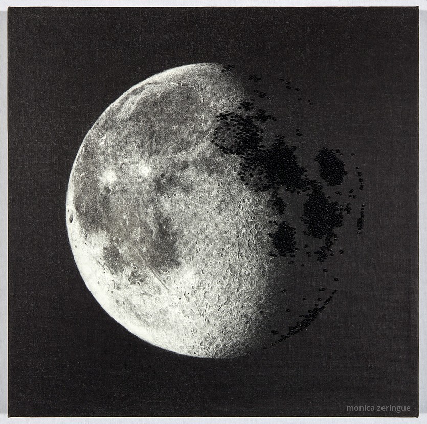 Moonlight Bends Over Black Silence 2013, graphite and hand-sewn beads on primed linen, 12" x 12" 