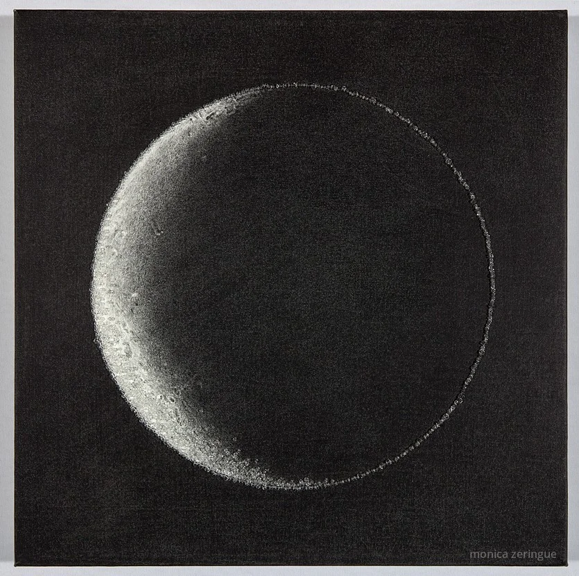 Moon of Other Days 2013, graphite and hand-sewn beads on primed linen, 12" x 12" 