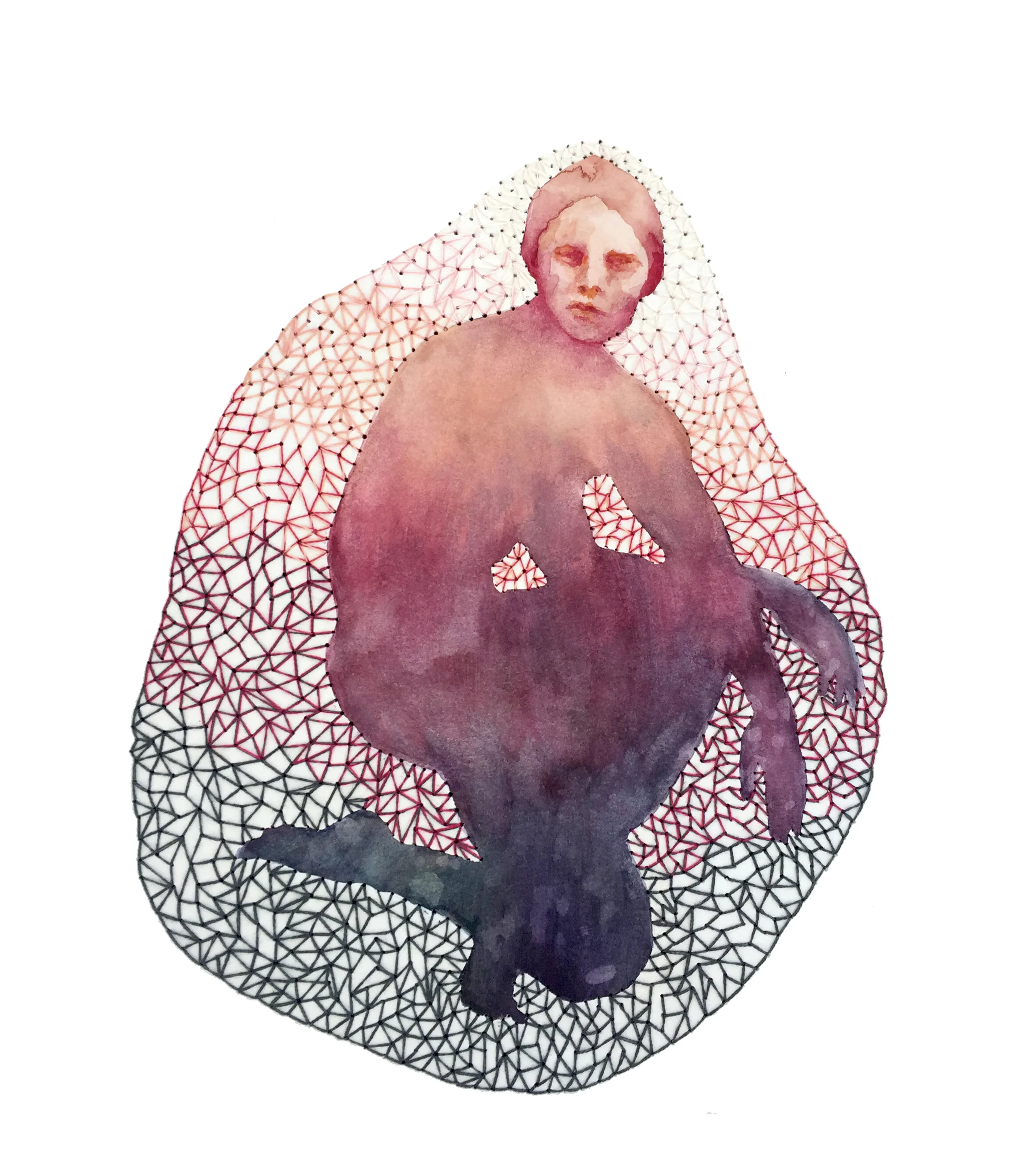 I Can See Your Aura. Watercolor & embroidery thread on paper, 16”w x 20”h.