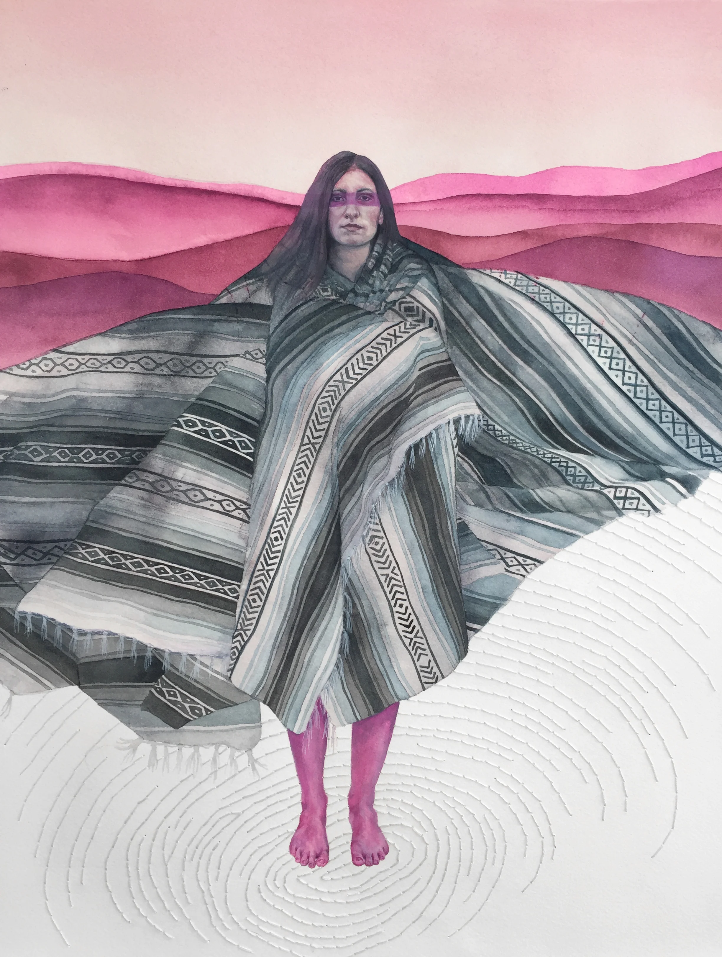 This Land is Your Land...This Land Was My Land. Watercolor, gouache & embroidery thread on Paper, 16”w x 20”h.