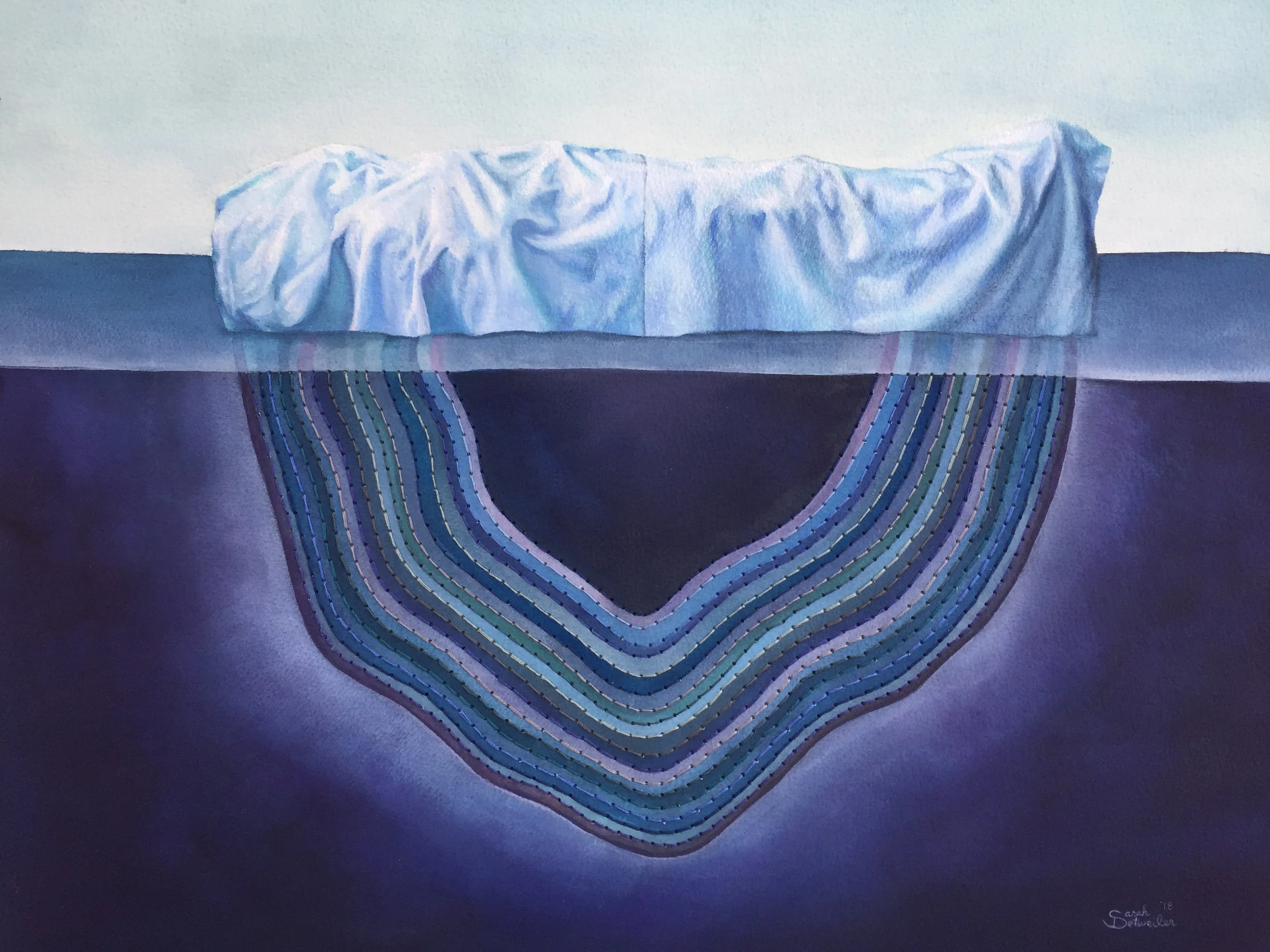 What Lies Beneath (Parkland). Watercolor, gouache & embroidery thread on paper, 20”w x 16”h.