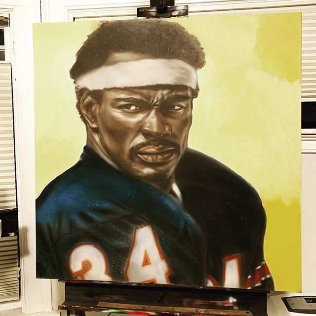 Re-working an oldie-but-goodie #walterpayton #walterpaytonmanoftheyear #sweetness #85bears #chicago #number34 #airbrushoncanvas #iwataairbrush