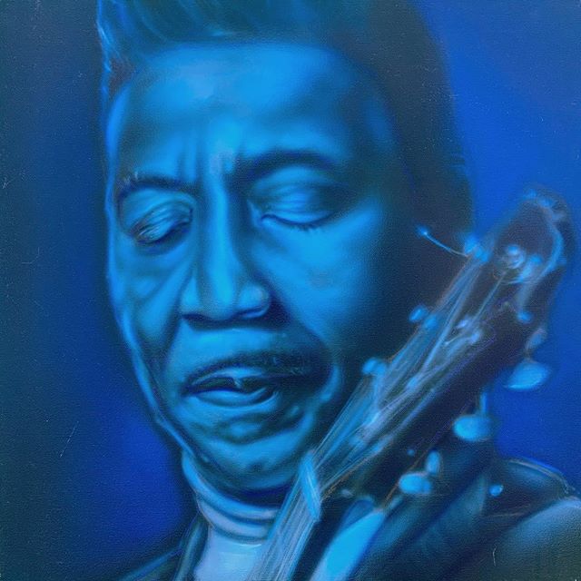 &lsquo;Muddy Waters&rsquo; (younger) 20x20 acrylic on canvas. Available via link in profile. #chicago #chicagoblues #airbrushart #muddywaters