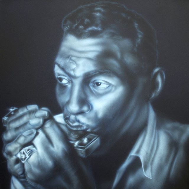 Happy Birthday 🎈#littlewalter, legendary Chicago Blues harp man. May 1, 1930 Louisiana - February 15, 1968 Chicago. 30x30 acrylic on canvas, available. (Link in bio) #chicagoblues #chicagobluesman #bluesharp #littlewalter #airbrushart