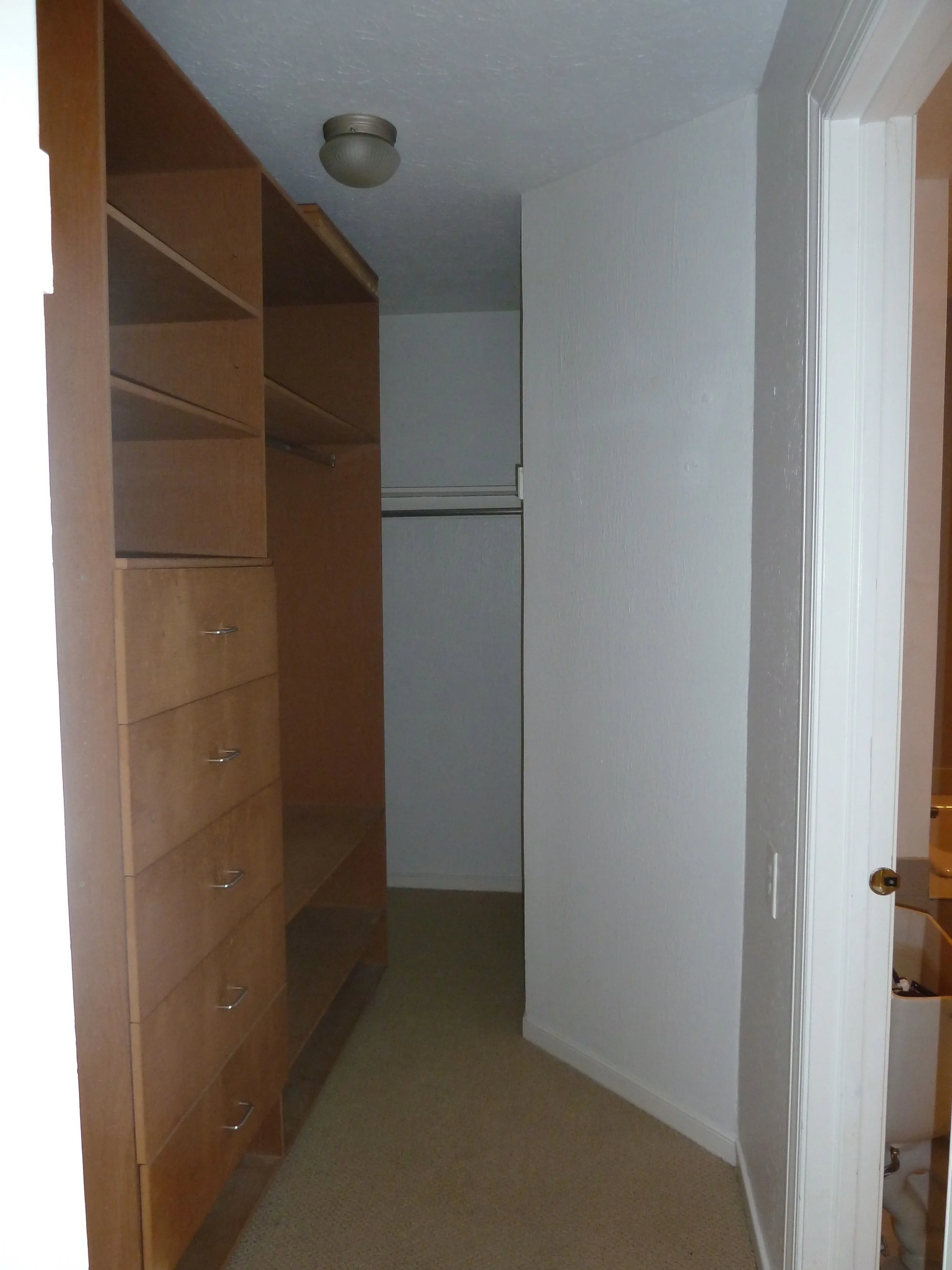 Dark & Cramped Master Closet Before (Shower Encroaching in space)