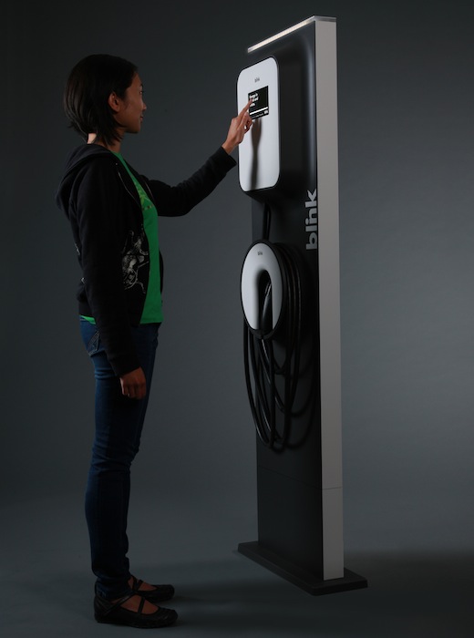 A commercial Level 2 pedestal charging station from ECOtality.