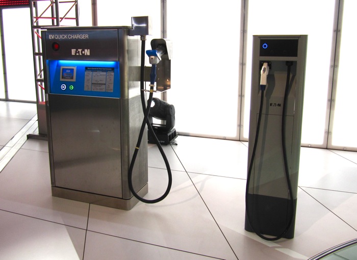   A DC Fast Charger (left) and Level 2 pedestal charger (right) from Eaton Corporation.  