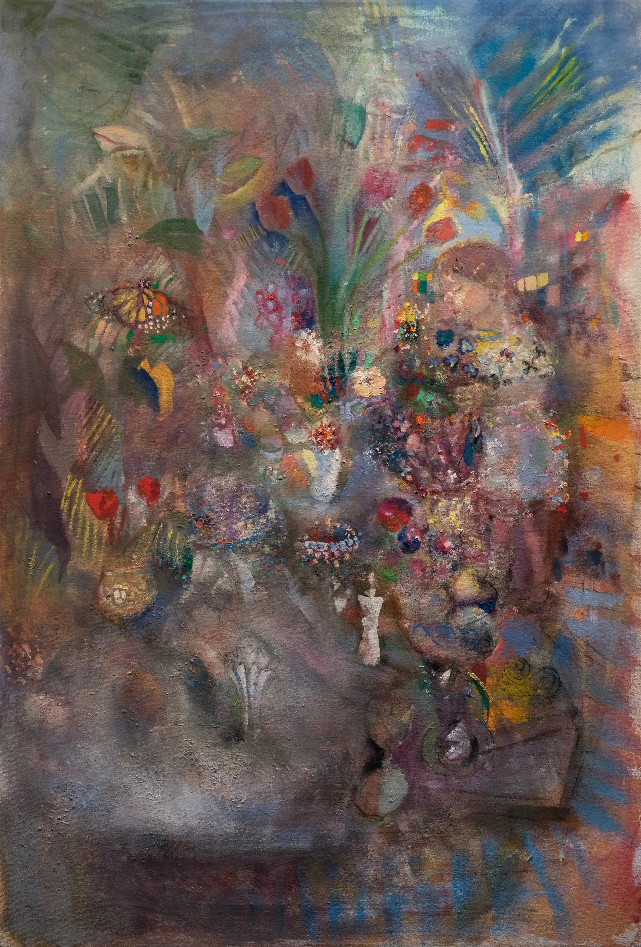 Make Believe Still Life With Monarch
 
 44" × 30"  Tempera and oil on canvas  2025 