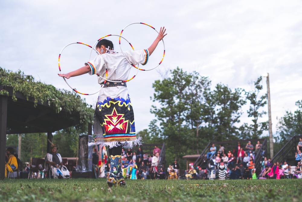   Shanley Spence, a hoop dancer and fancy shawl dancer living in Winnipeg, Manitoba, performs at the Eagle Lake First Nation Powwow   