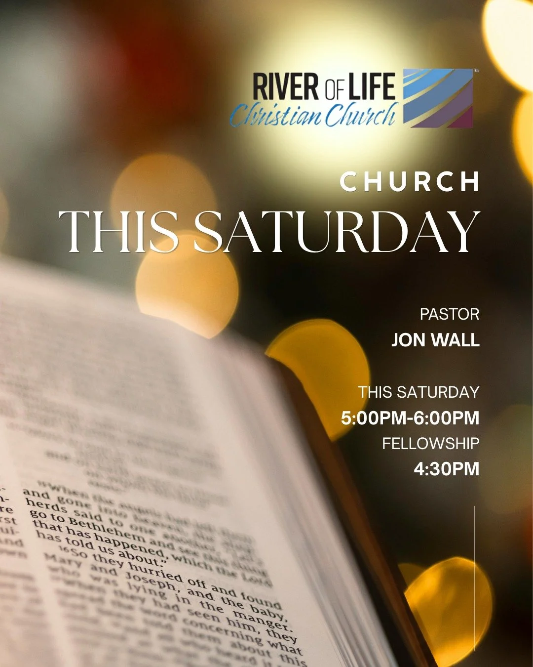 Join us this Sunday evening at River of Life! 🌅
Fellowship begins at 4:30 PM with a shared meal&mdash;come early, enjoy some food, and connect with others in a warm and welcoming space.
Service starts at 5:00 PM, where we&rsquo;ll gather in worship 