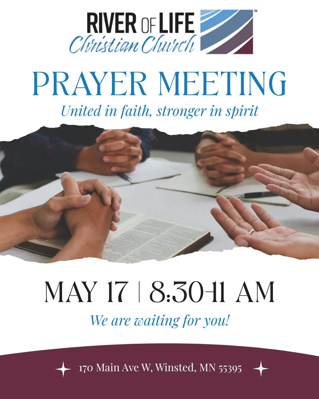 Sunday mornings at River of Life ☀️ Prayer Meeting
8:30&ndash;11:00 AM

All are welcome to come and spend time in prayer and connection with our Heavenly Father. Whether you feel led to pray or sit and soak in worship music, this is a space to slow d