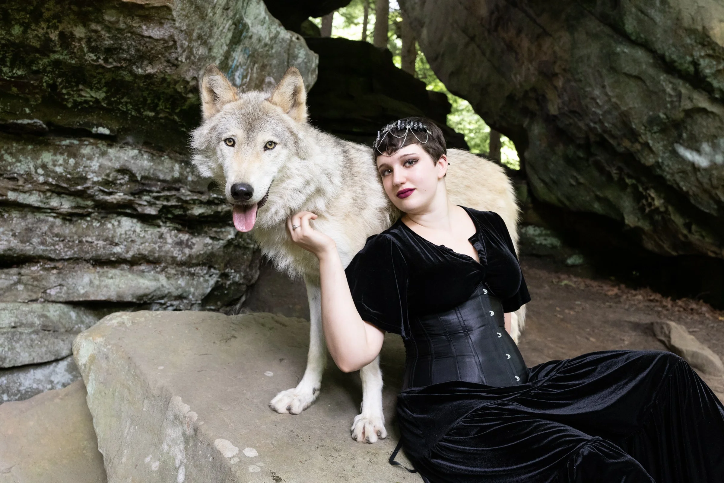 Dark Queen + Wolf in cave | Fantasy photoshoot with a wolf | Michigan photographer location photoshoots