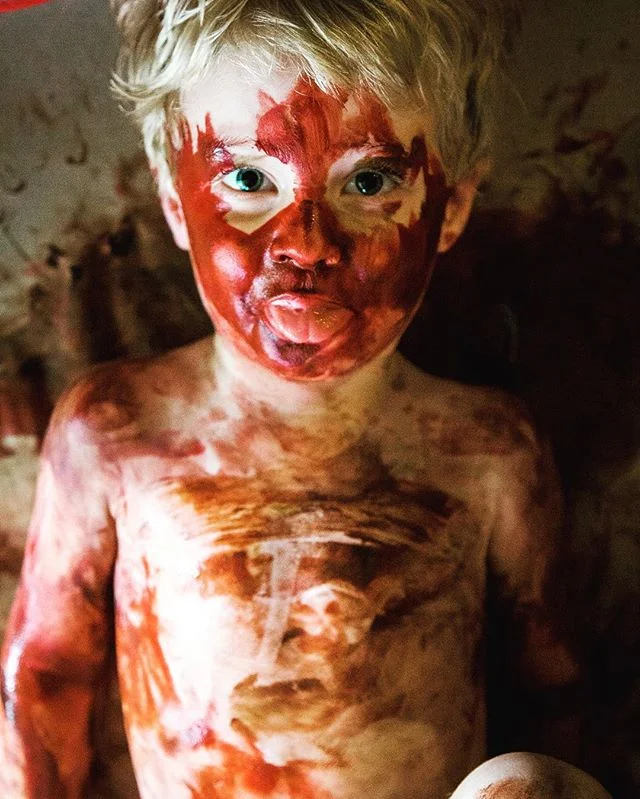 Thought I was being sneaky by adding bath soap to the paint, totally worked until he put it on/in his eyes, stubbed his toe and now is demanding to go to bed (after a bath)with a cold compress on his eyes (which are fine). Clean up was a breeze, surprisingly...