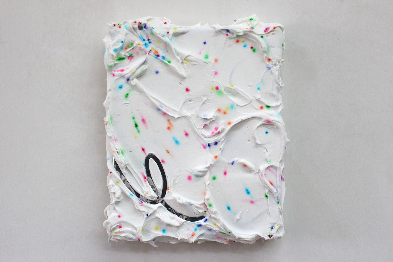 A cautious hug Acrylic, sprinkles, and reflective mylar on canvas 10" x 8" 2015