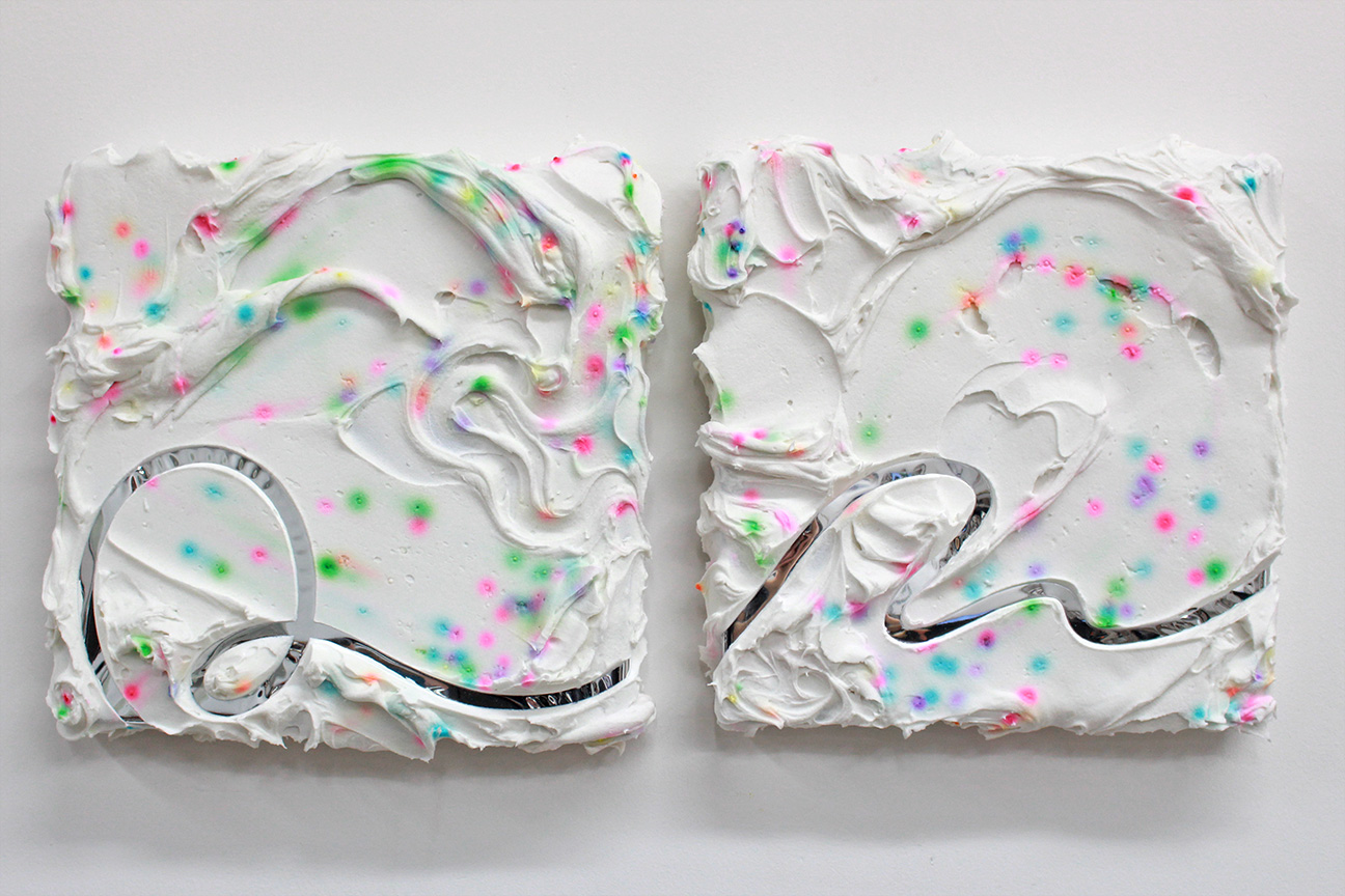 "A long overdue hello" / "An unwanted goodbye" Acrylic, sprinkles, and reflective mylar on canvas Each 10" x 10" 2015