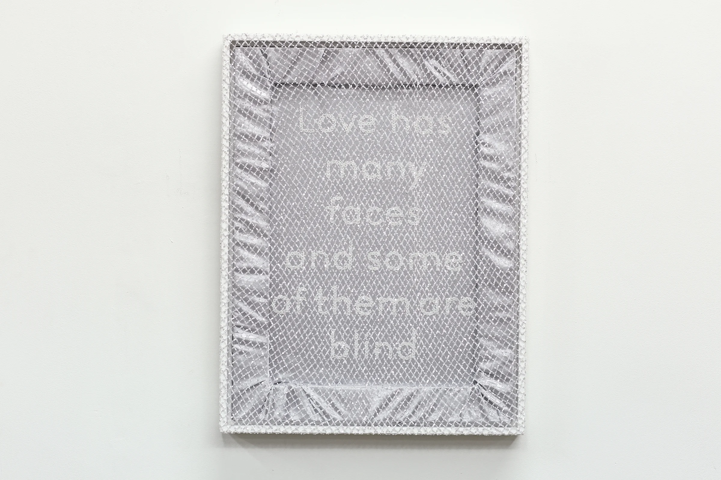 Love has many faces and some of them are blind Sequins on sateen with overlay sequined netting 24” x 18” 2018