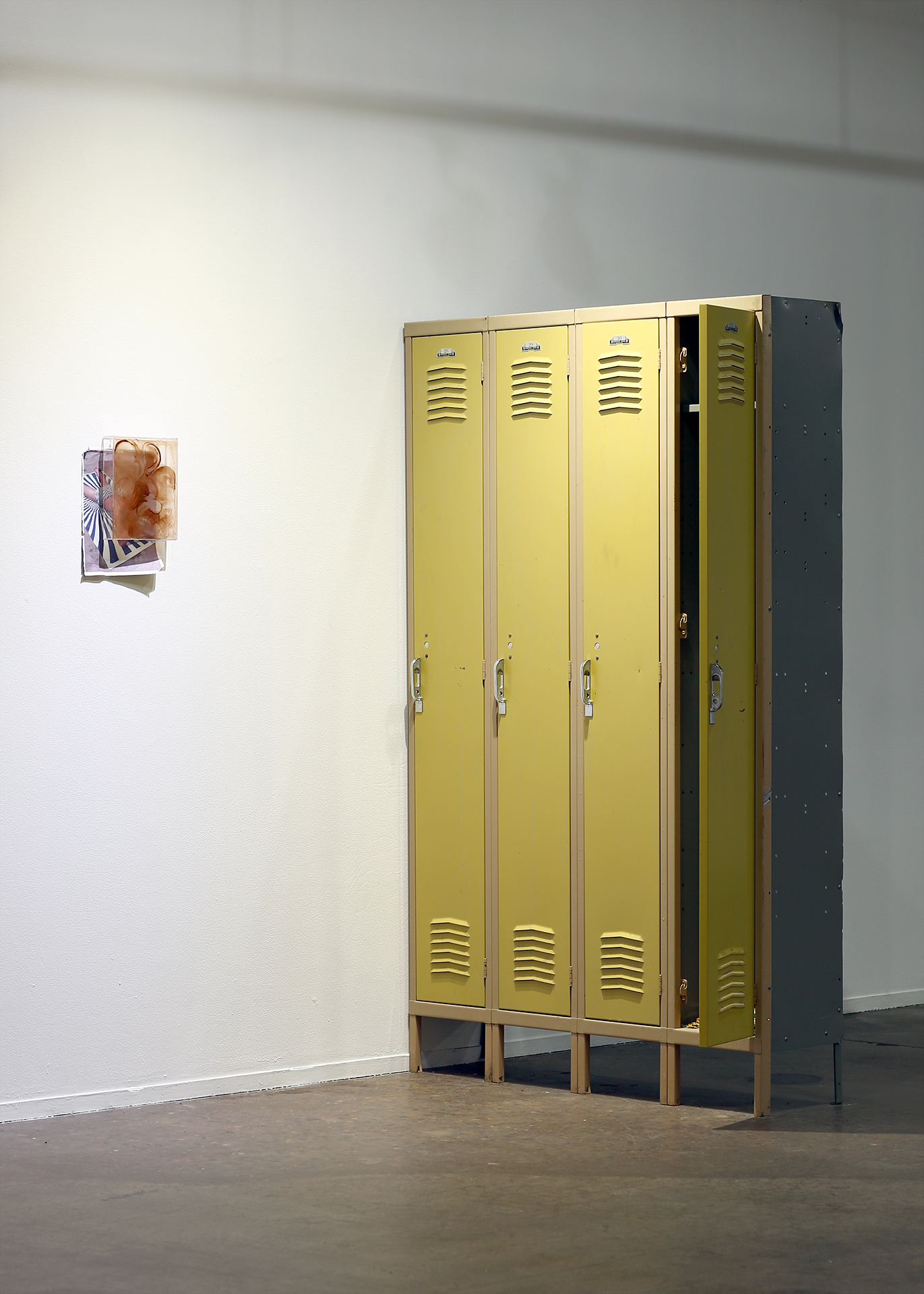   Still life (after Mel Roberts)  /  Lockers  Magazine printed photograph by Mel Roberts, oil on acrylic / Aluminum lockers with pansy flowers 48” x 78” x 12” 2019 