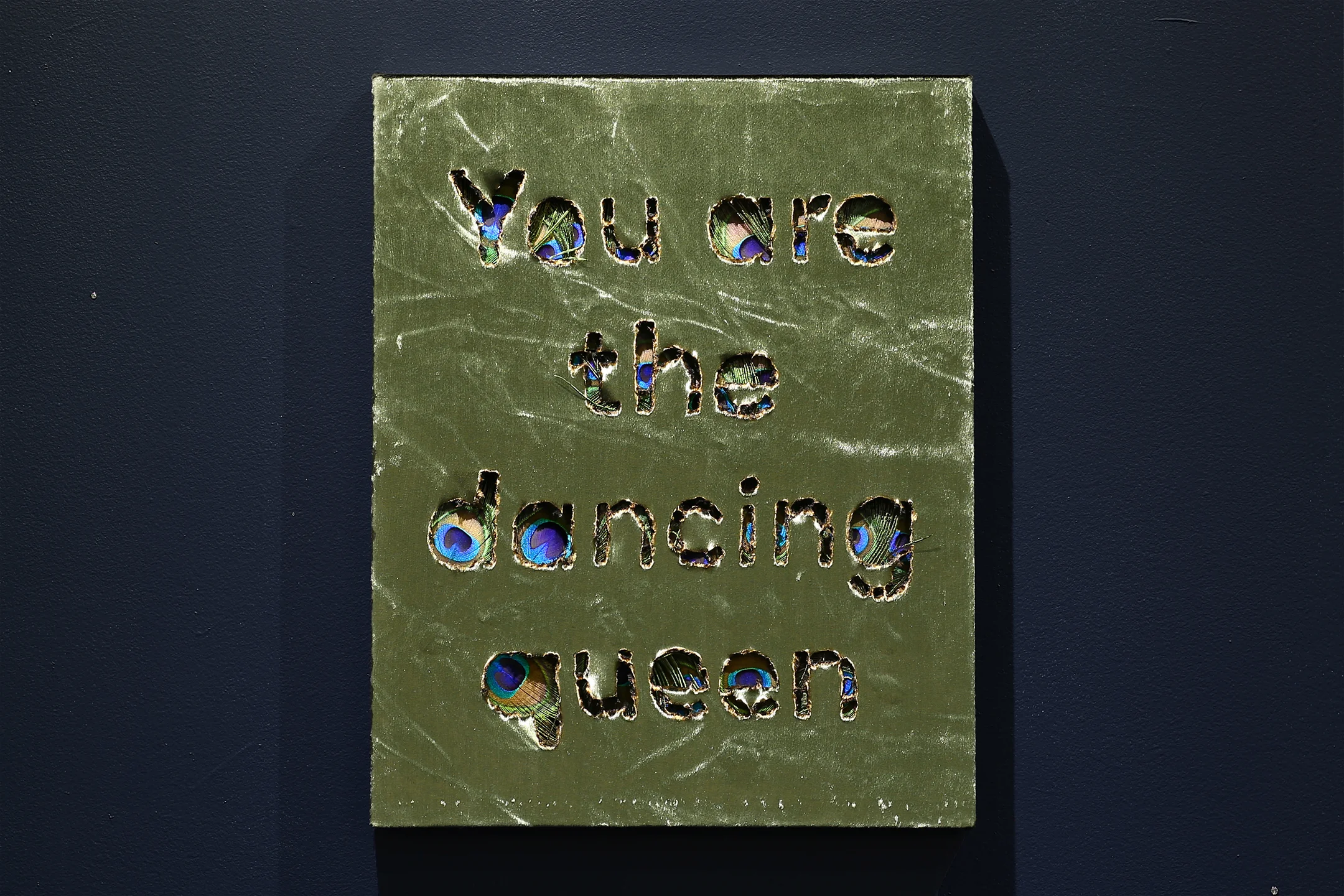 You are the dancing queen Peacock feathers and hand-burnt silk velvet 16” x 20” 2019