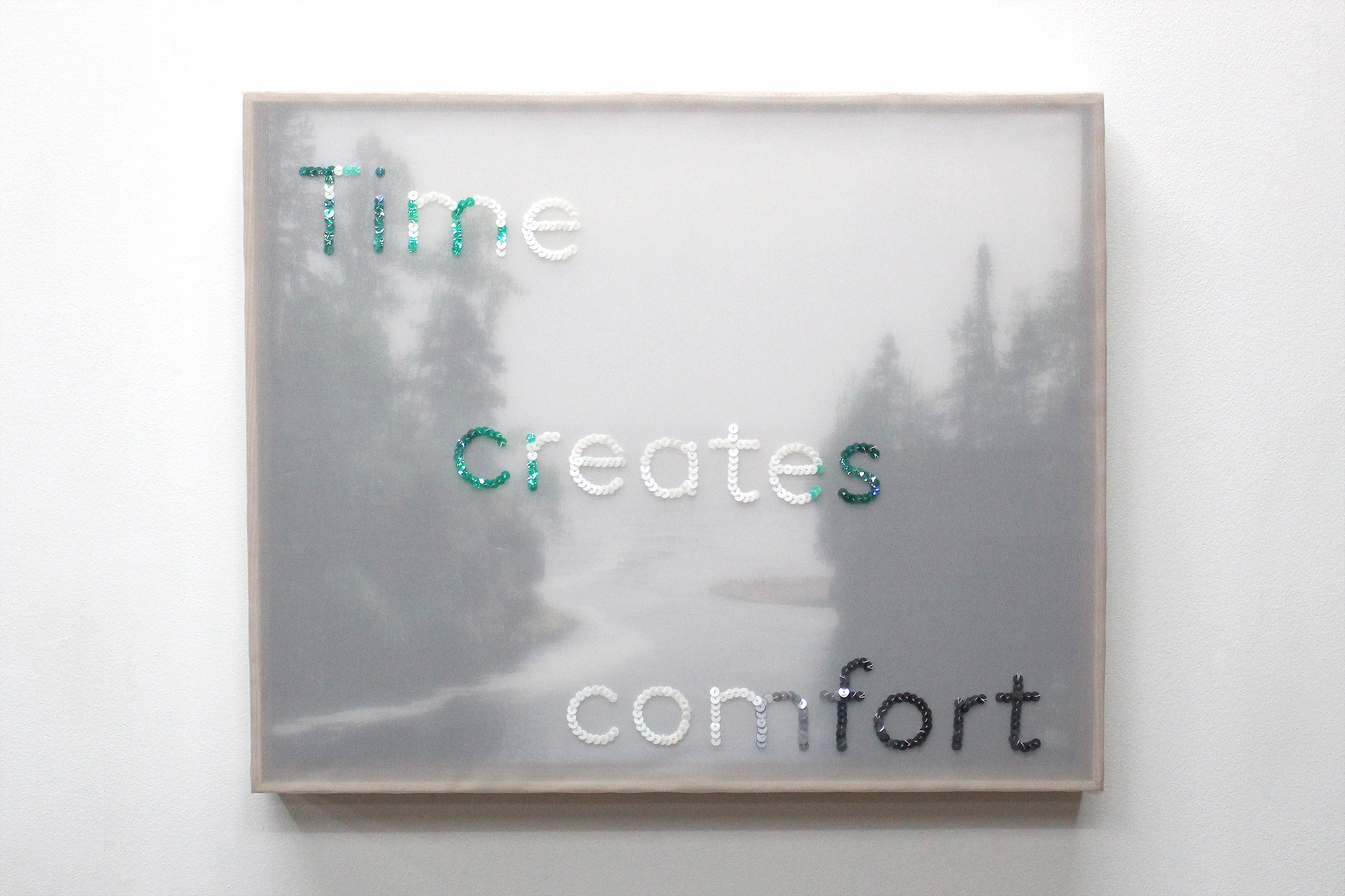   Time create comfort  Photographic print on canvas, sequin, and embroidery thread on organza 16” x 20” 2019 