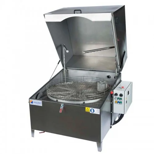 X-51 & X-81 Automatic Parts Washing Series Magido X-51 and X-81-Series parts washers are engineered for automatic spray parts washing applications utilizing aqueous detergents at a temperatures of 150°F. The operation principle is based on a rotating platform on which the parts are placed, and a series of angled water jet nozzles, which optimally wash all the areas of the parts needed to be cleaned. X-Series wash systems are mainly categorized by the size and capacity of the turntable with sizes ranging from 14” to 55” in diameter. All machines are constructed in AISI 304 stainless steel and additional options are available for filtration, rinsing and drying stages.